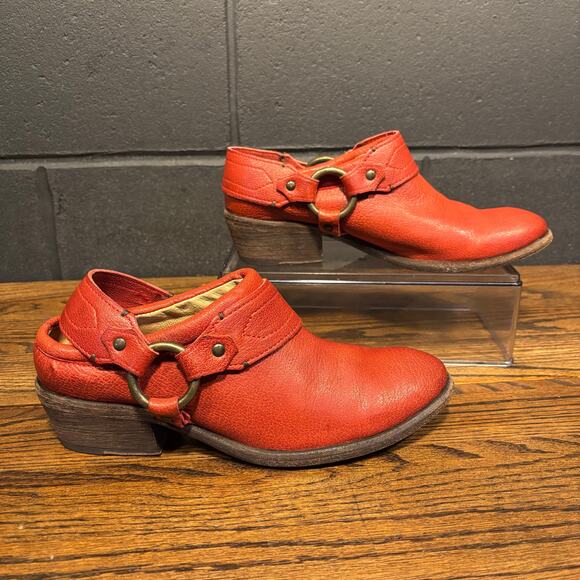 FRYE Shoes - FRYE Carson Western Bootie Mules Red Leather Harness Shoes 70160 Women's 7 B